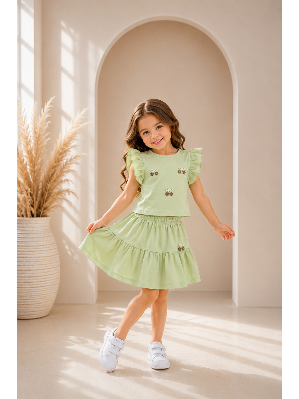 Kız Çocuğu İkili Takım Fıstık Yeşili Fırfır Kollu Katlı Etek Takım