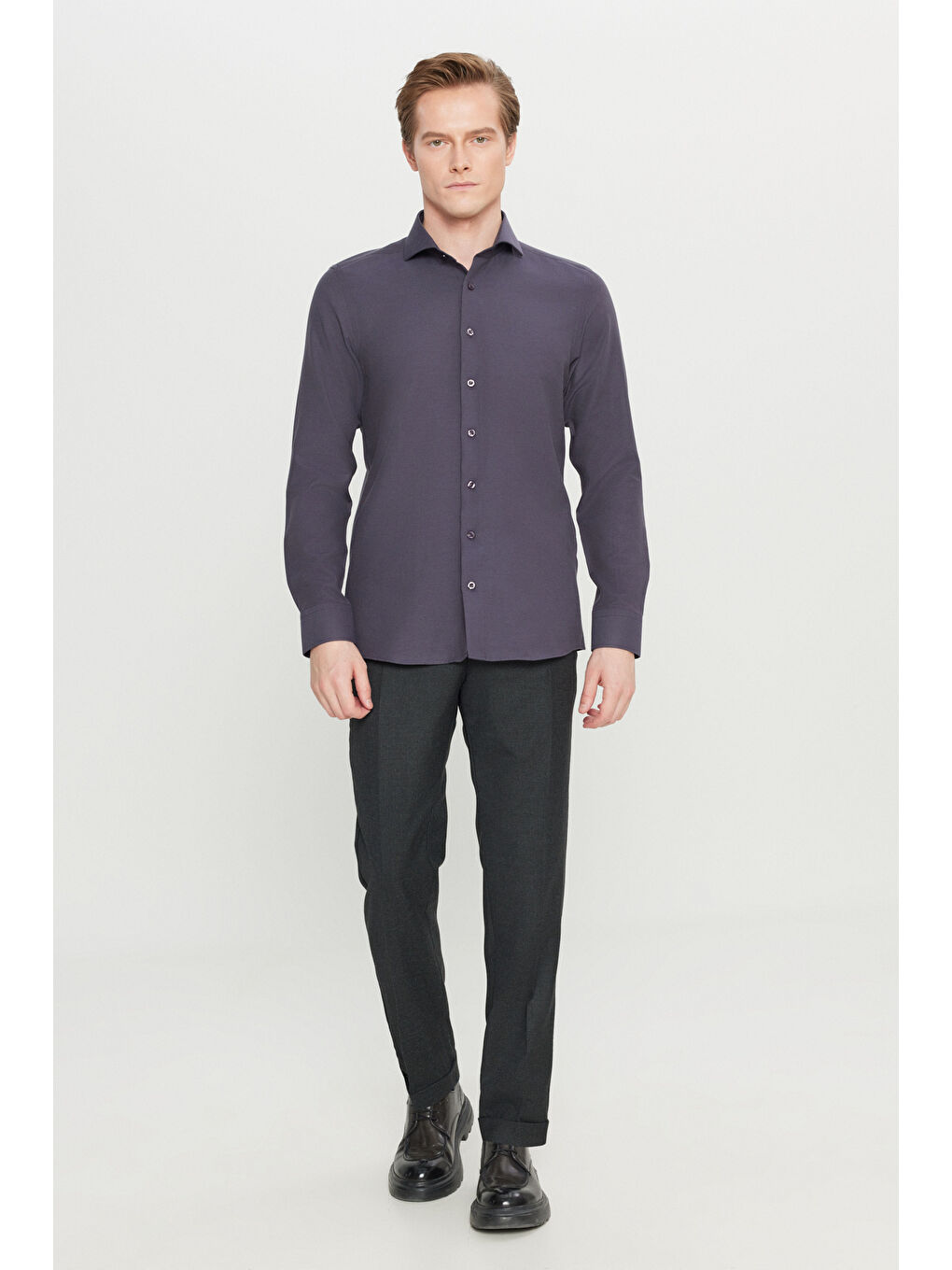 Erkek Antrasit Pamuklu Oxford Tailored Slim Fit Dar Kesim Küçük İtalyan Yaka Armürlü Gömlek-1