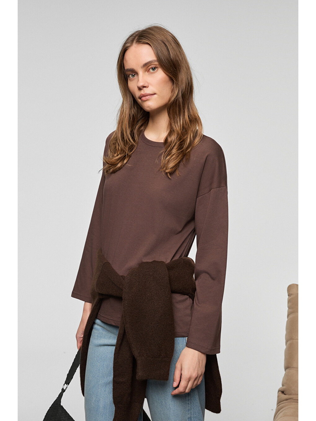 Kahverengi BASIL Kadını Oversize %100 Organik Pamuk Örme Uzun Kol KOYU KAHVERENGİ T-Shirt-3