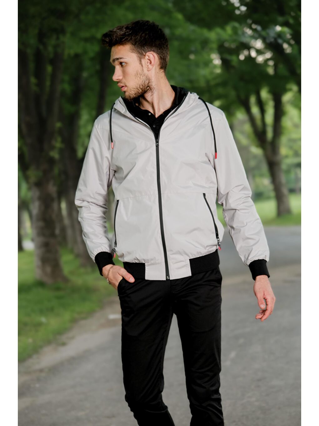 Gri Beli Lastikli Yağmurluk Mevsimlik Mont PLDP 2921-1