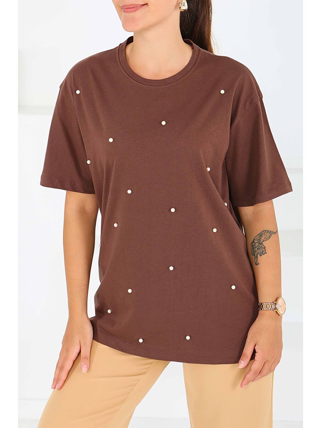 Kahverengi İncili Kısa Kollu T-Şhirt Kahve - 27544