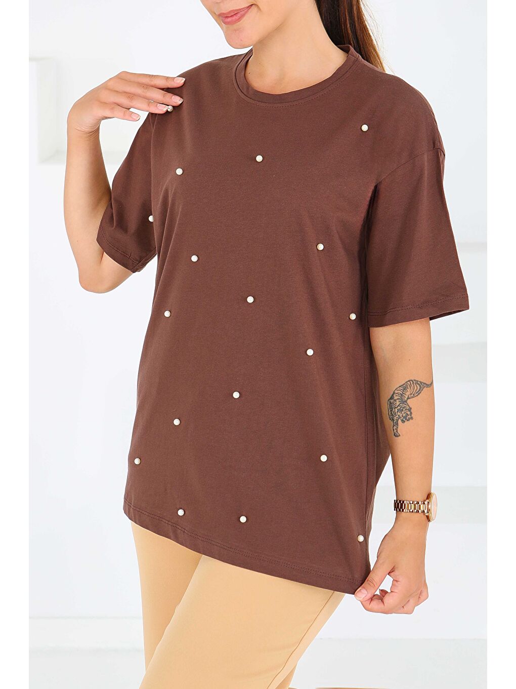 Kahverengi İncili Kısa Kollu T-Şhirt Kahve - 27544-1