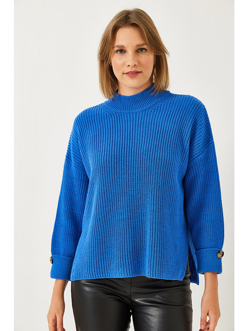 Mavi Kadın Selanik Örgü Kazak-5