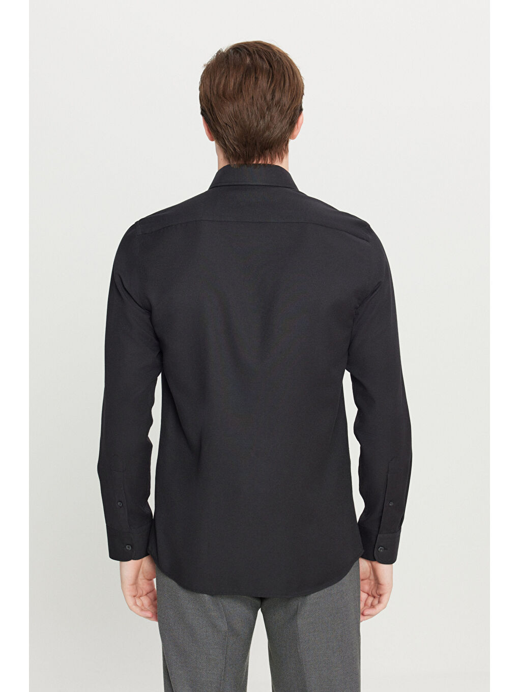 Erkek Siyah Pamuklu Oxford Tailored Slim Fit Dar Kesim Küçük İtalyan Yaka Armürlü Gömlek-4