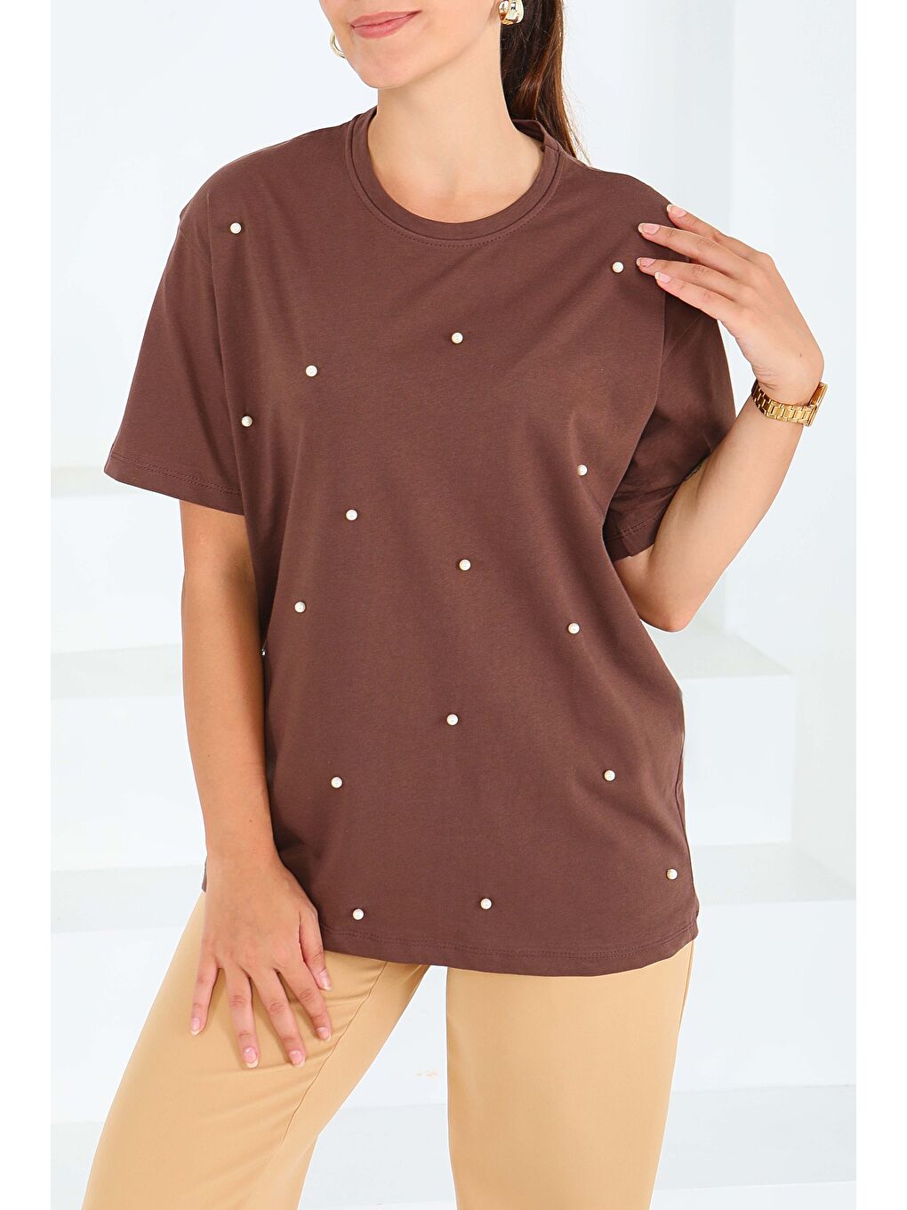 Kahverengi İncili Kısa Kollu T-Şhirt Kahve - 27544-2