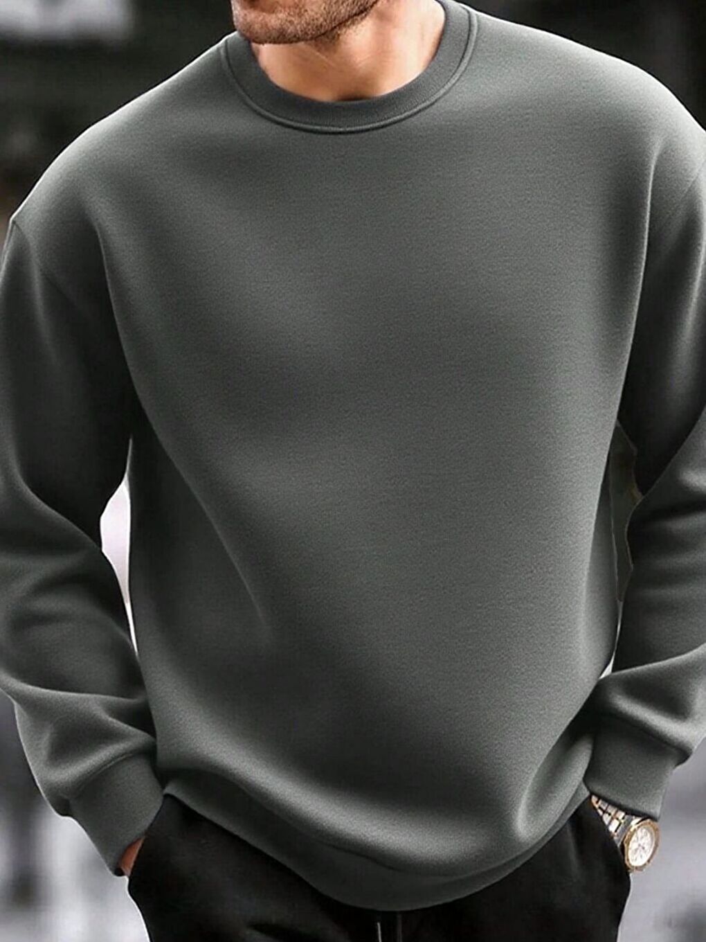 Gri Füme Baskısız  Oversize Bisiklet Yaka Uzun Kollu Sweatshirt