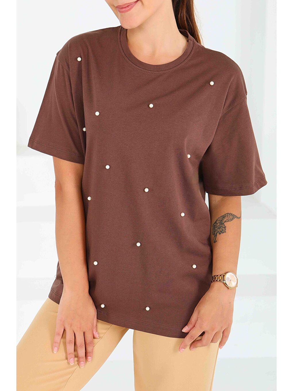 Kahverengi İncili Kısa Kollu T-Şhirt Kahve - 27544-3