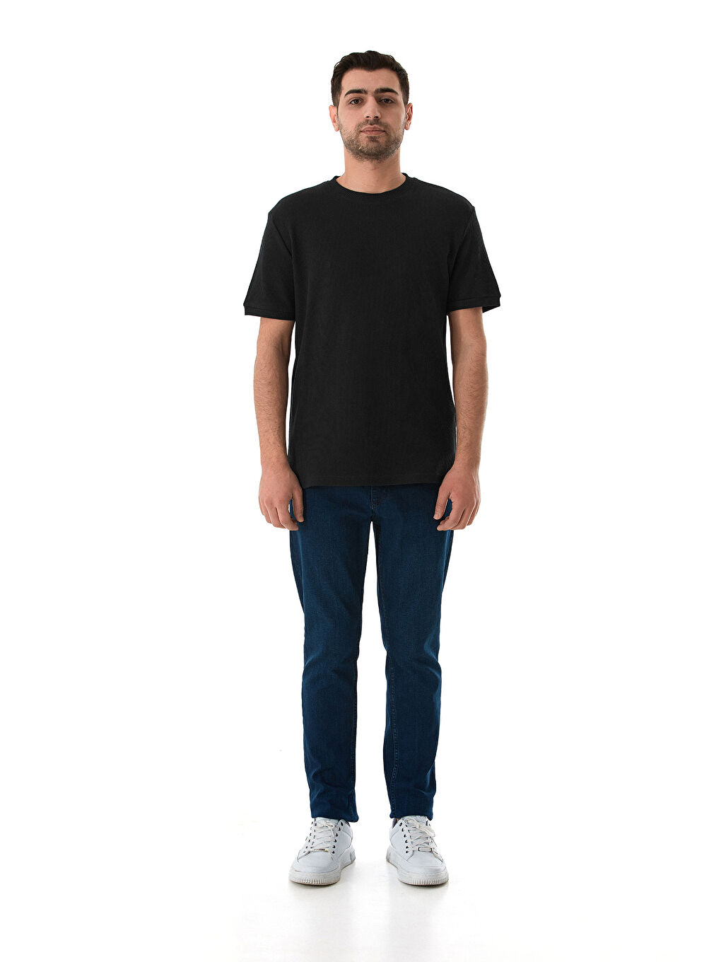 Siyah Petek Kumaş Bisiklet Yaka Tişört