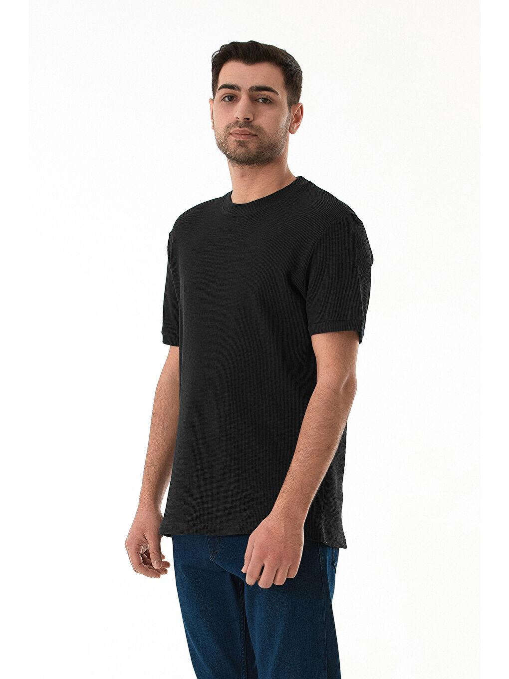 Siyah Petek Kumaş Bisiklet Yaka Tişört-1