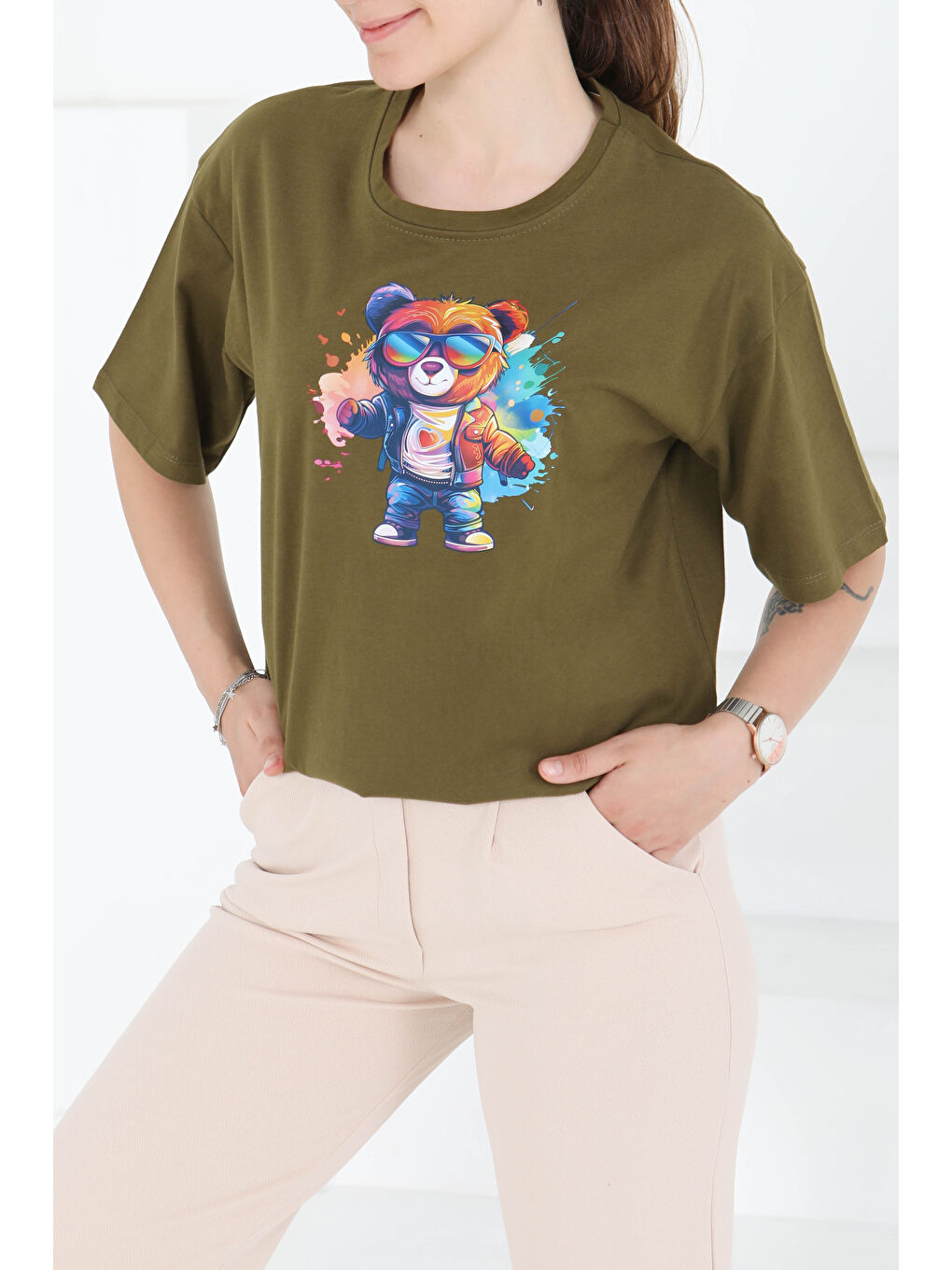 Baskılı Kısa Kollu T-Şhirt Haki - 27349