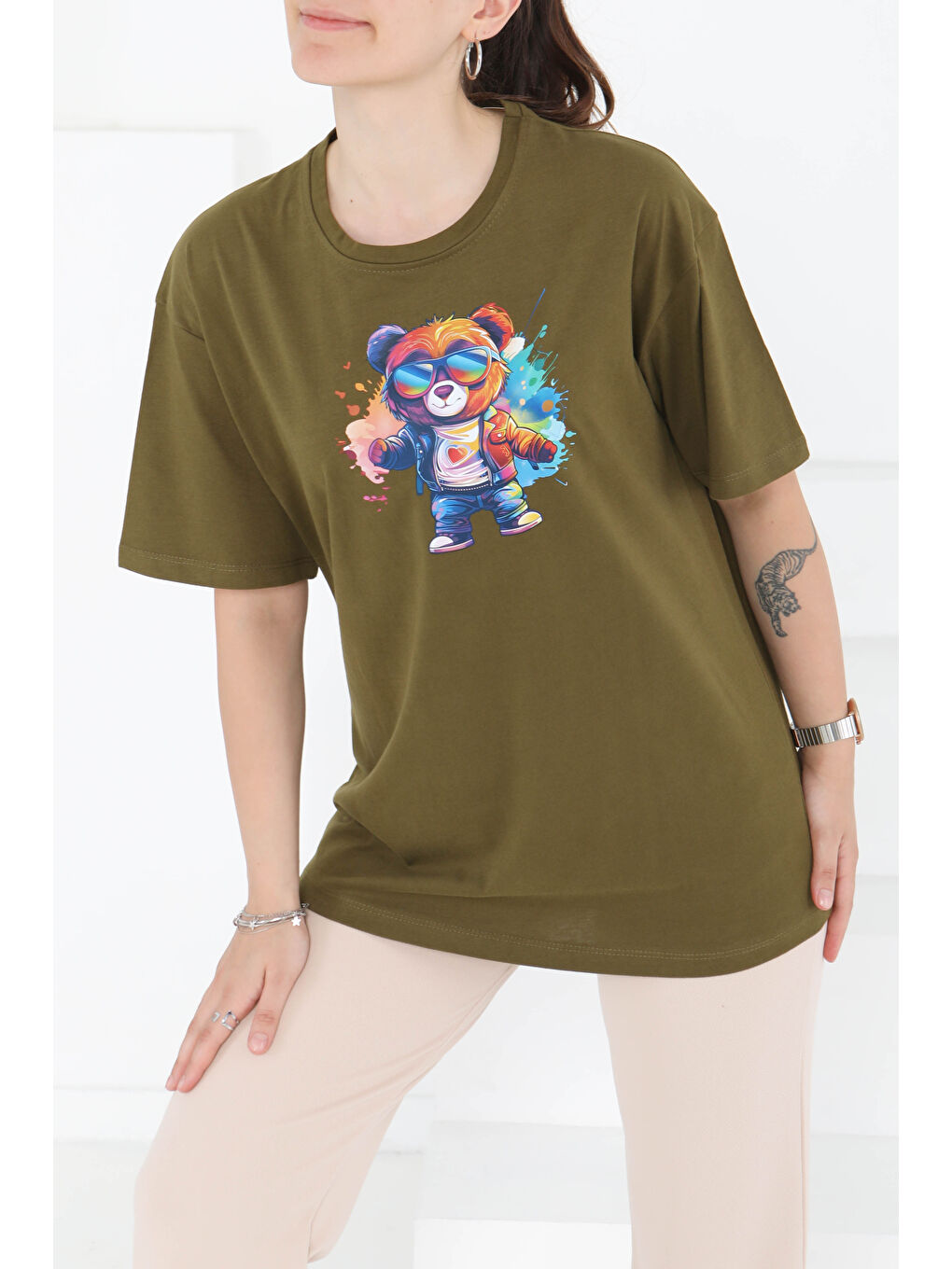 Baskılı Kısa Kollu T-Şhirt Haki - 27349-1