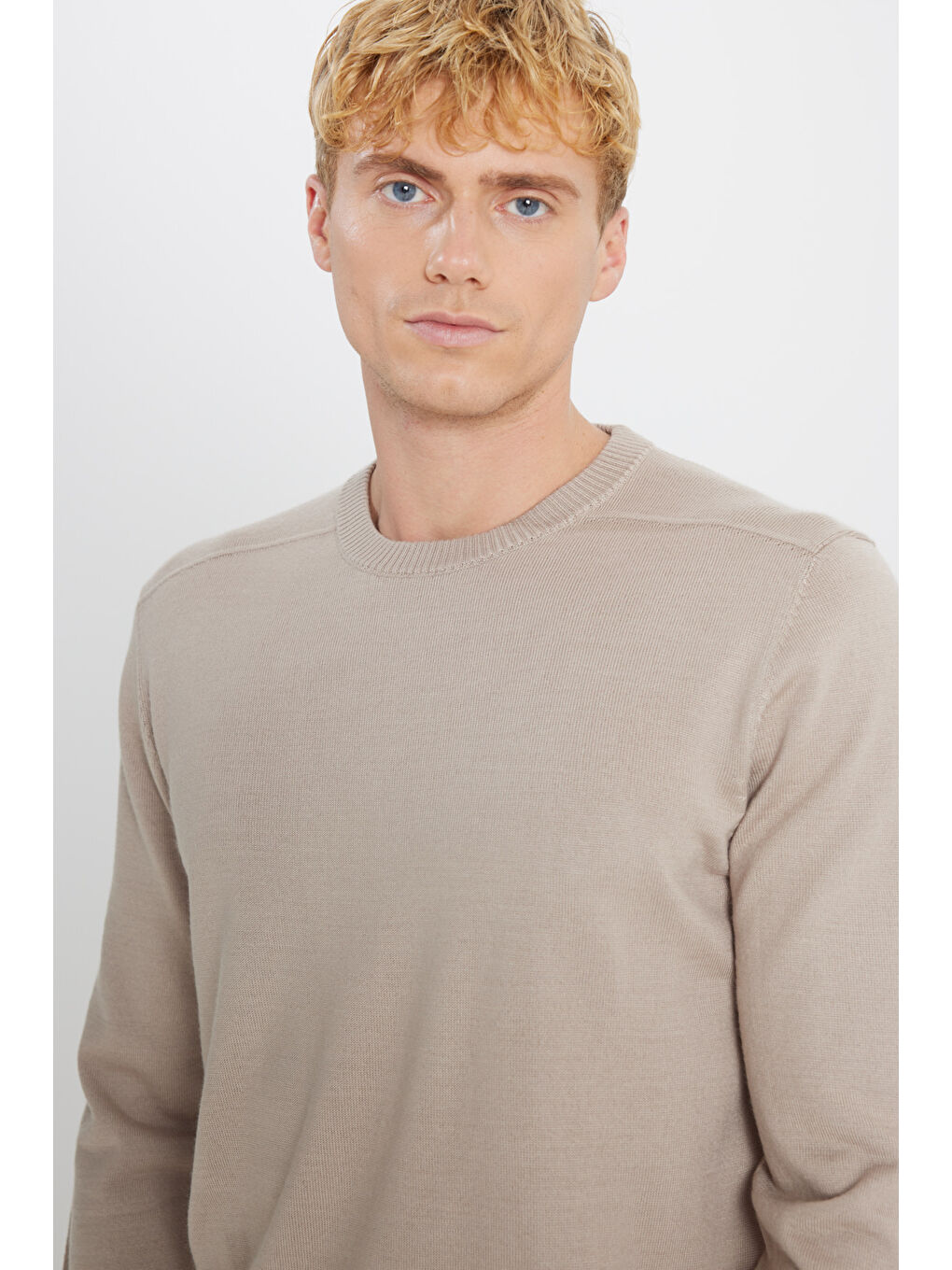 Erkek Bej Melanj Yünlü Sıcak Tutan Normal Kesim Bisiklet Yaka Triko Kazak-3