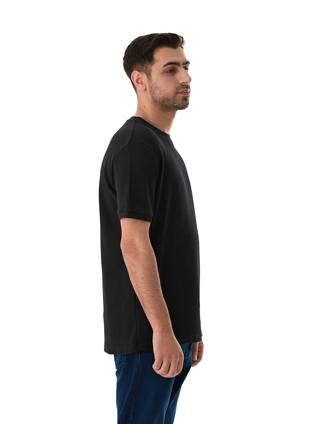 Siyah Petek Kumaş Bisiklet Yaka Tişört-3