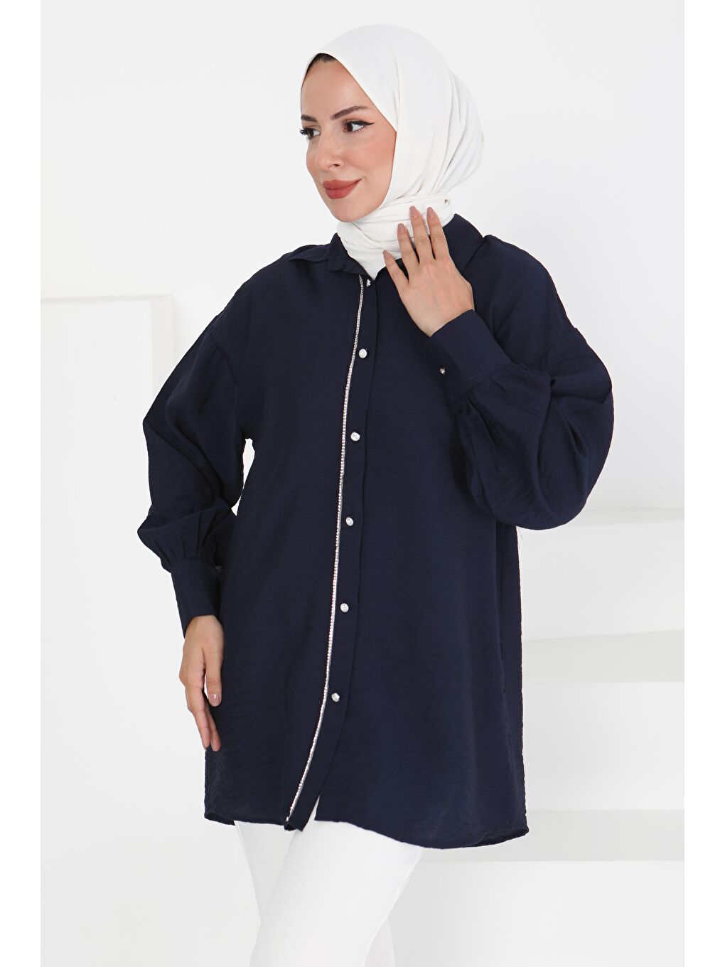 Taş Detaylı Tunik Lacivert - 27432-1