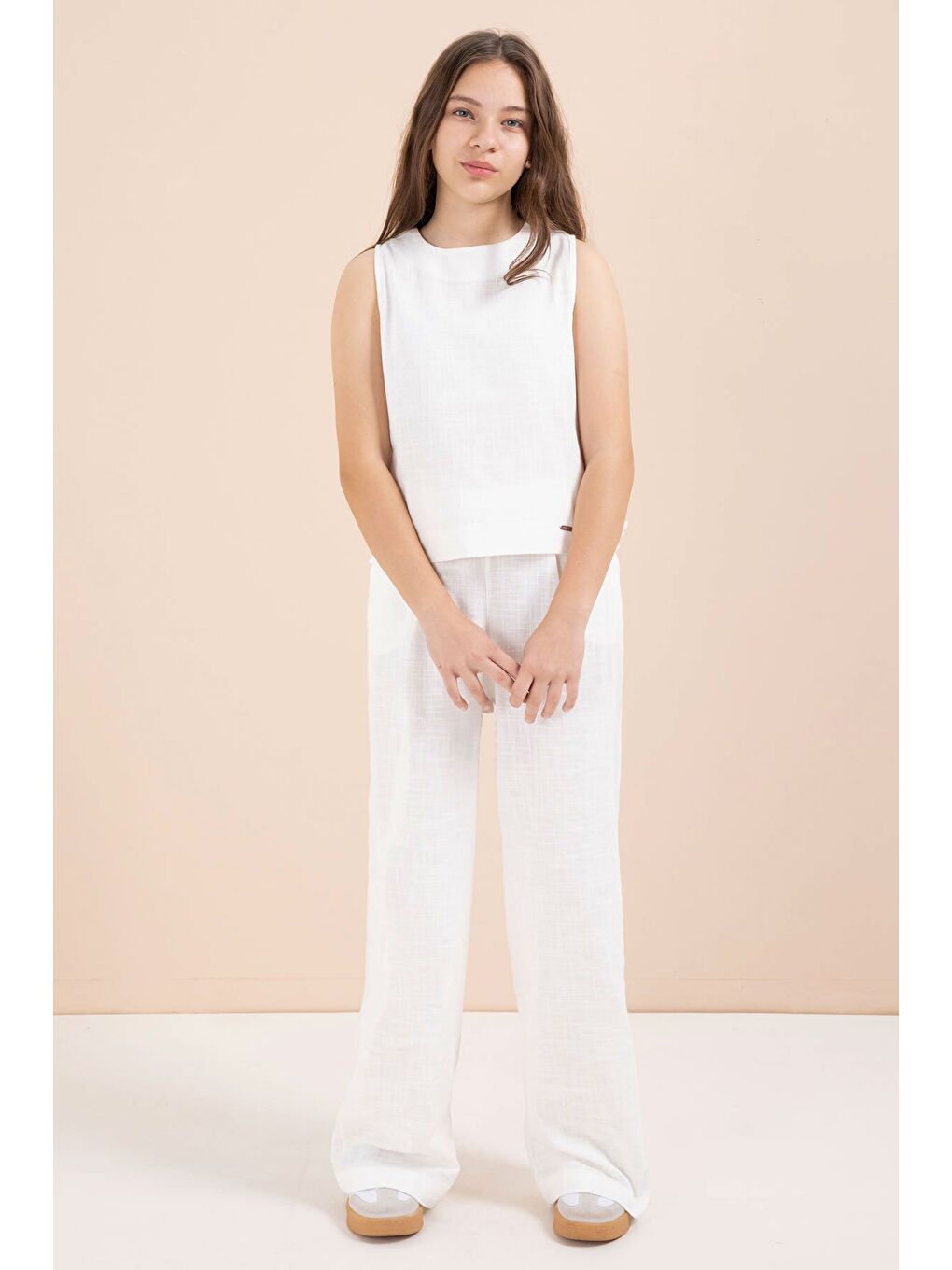 Ekru Geniş Paça Pantolonlu Kız Çocuk Keten Croplu Takım 23450