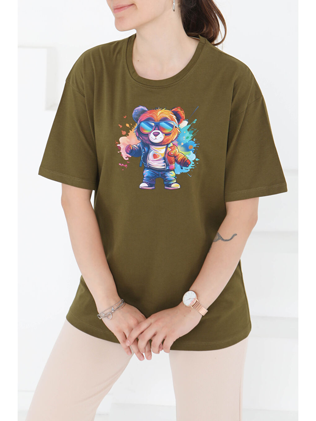 Baskılı Kısa Kollu T-Şhirt Haki - 27349-2