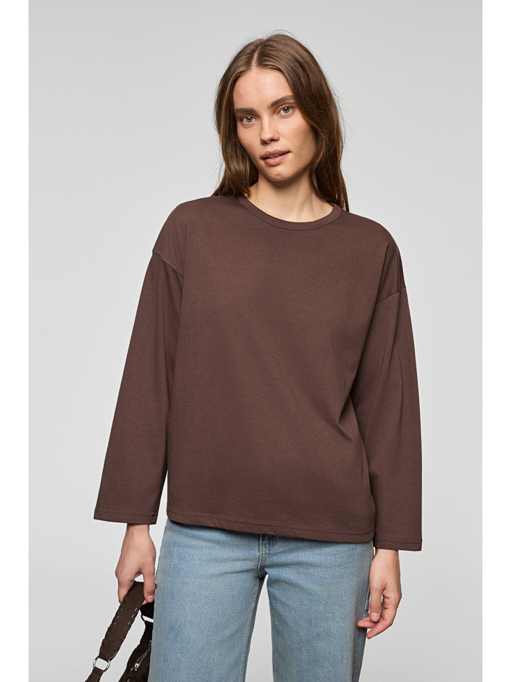 Kahverengi BASIL Kadını Oversize %100 Organik Pamuk Örme Uzun Kol KOYU KAHVERENGİ T-Shirt-4