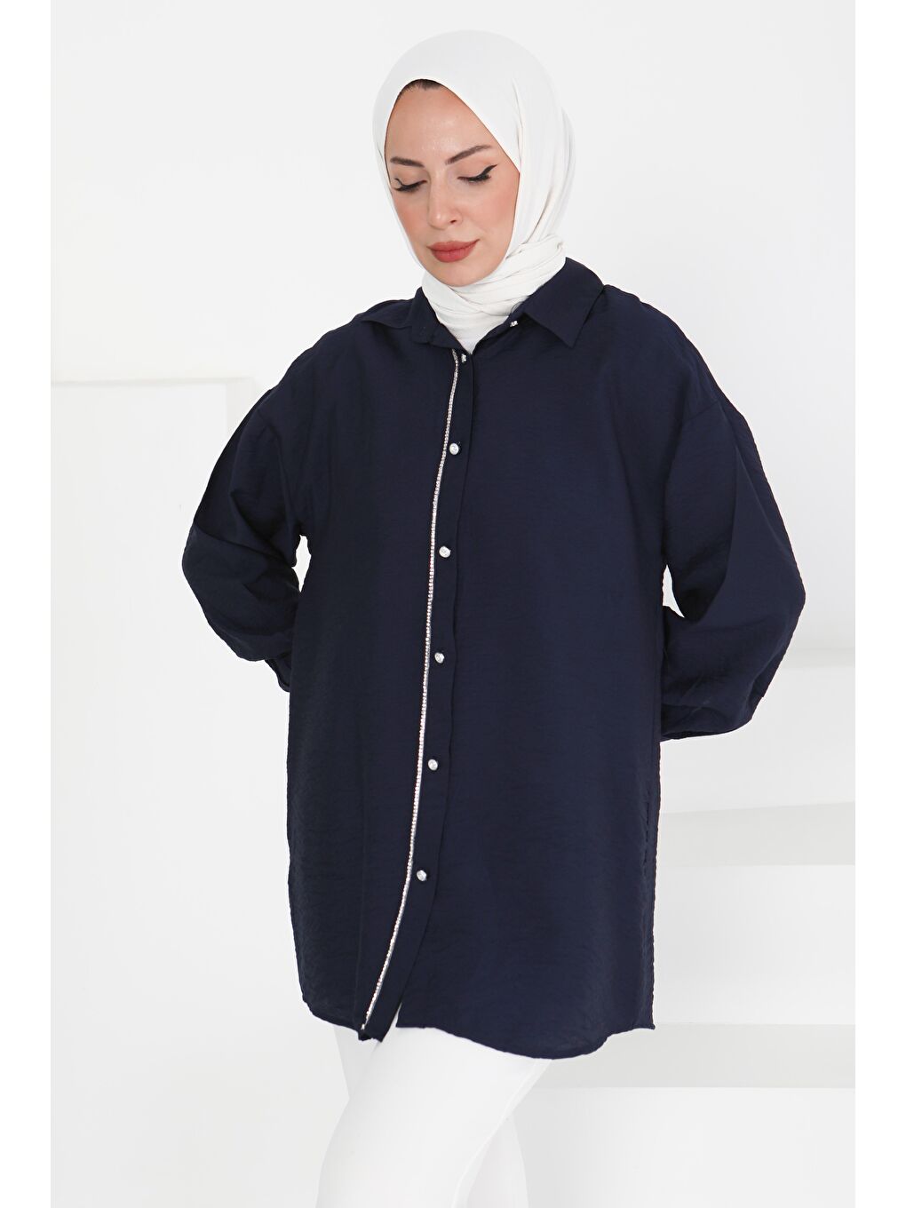 Taş Detaylı Tunik Lacivert - 27432-2
