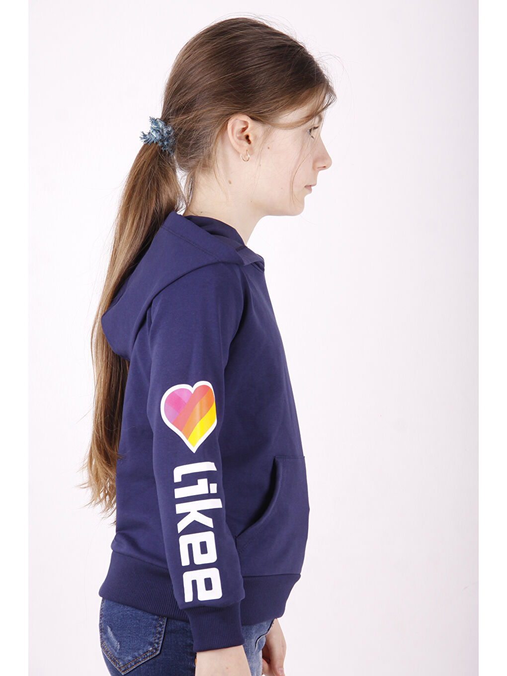 Lacivert Kız Çocuk Like Kalp Baskılı Kanguru Cepli Sweatshirt-1