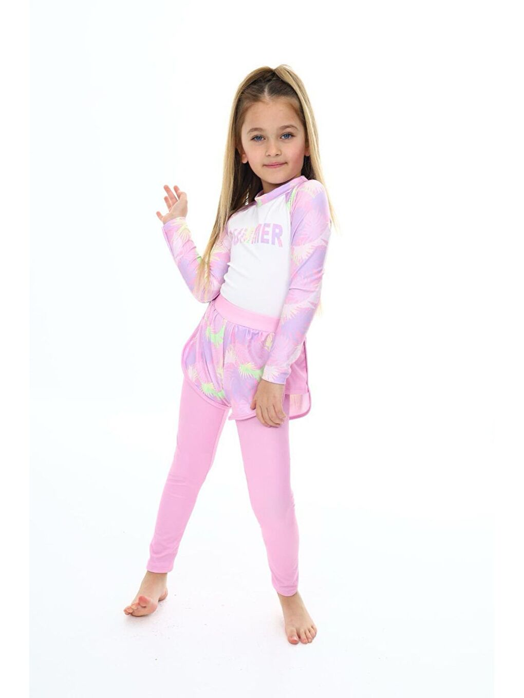 Pembe İki Parça Kız Çocuk Uzun Taytlı Ve Şortlu Mayo-1