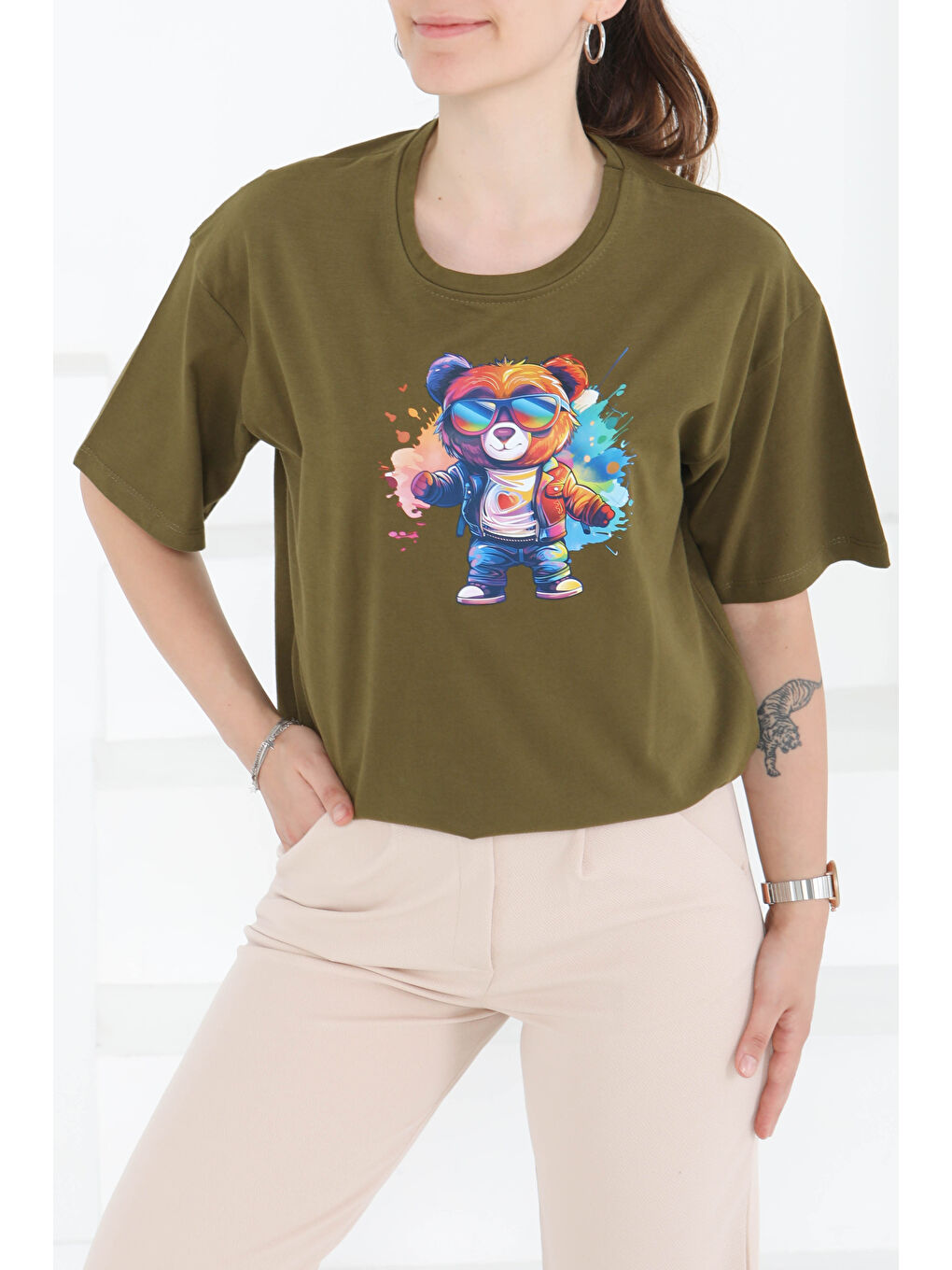 Baskılı Kısa Kollu T-Şhirt Haki - 27349-3