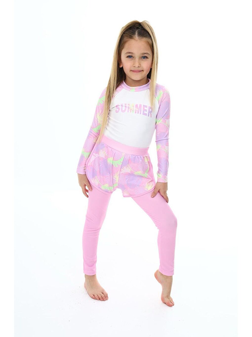 Pembe İki Parça Kız Çocuk Uzun Taytlı Ve Şortlu Mayo-2