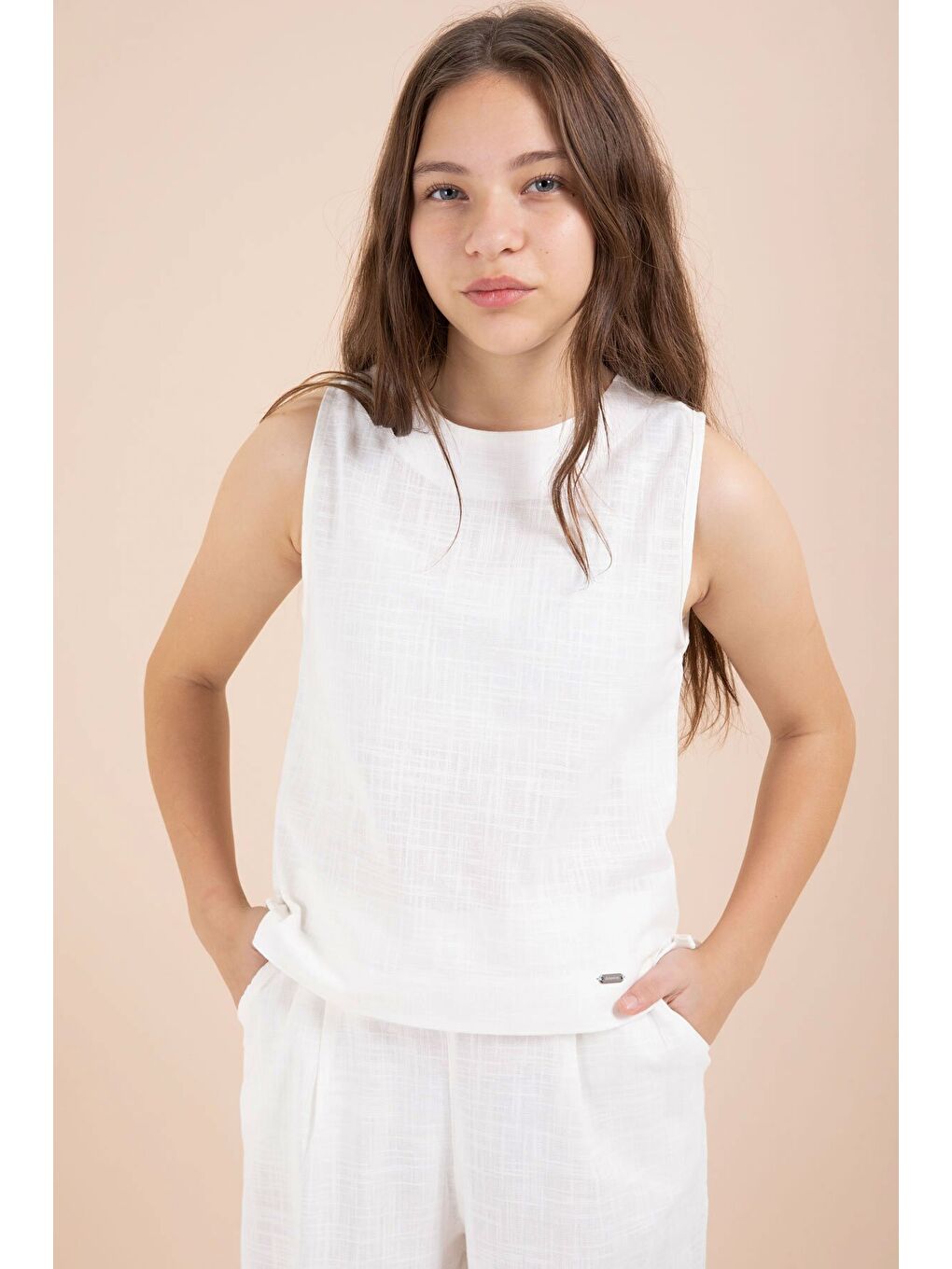 Ekru Geniş Paça Pantolonlu Kız Çocuk Keten Croplu Takım 23450-1