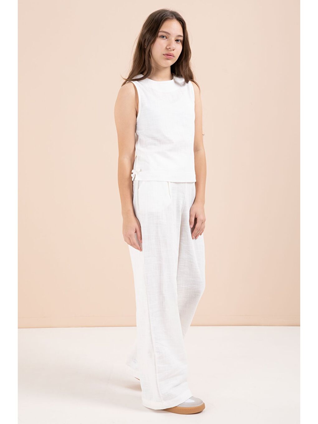 Ekru Geniş Paça Pantolonlu Kız Çocuk Keten Croplu Takım 23450-2