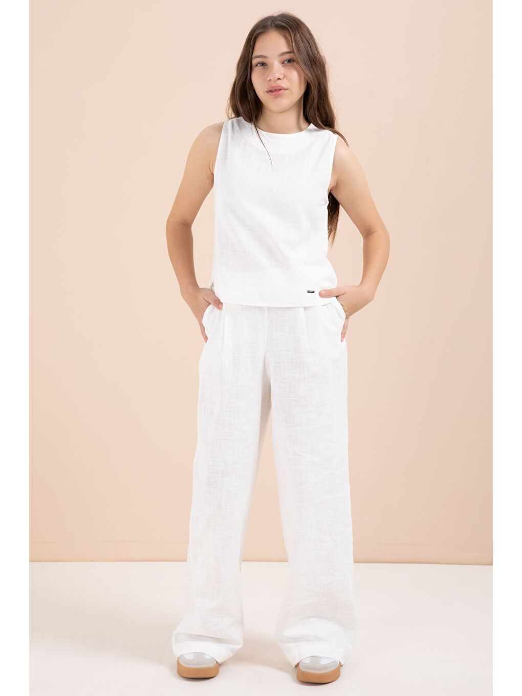 Ekru Geniş Paça Pantolonlu Kız Çocuk Keten Croplu Takım 23450-3