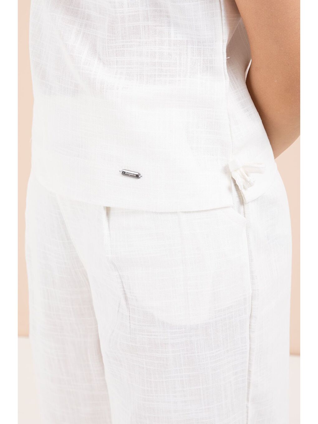 Ekru Geniş Paça Pantolonlu Kız Çocuk Keten Croplu Takım 23450-4