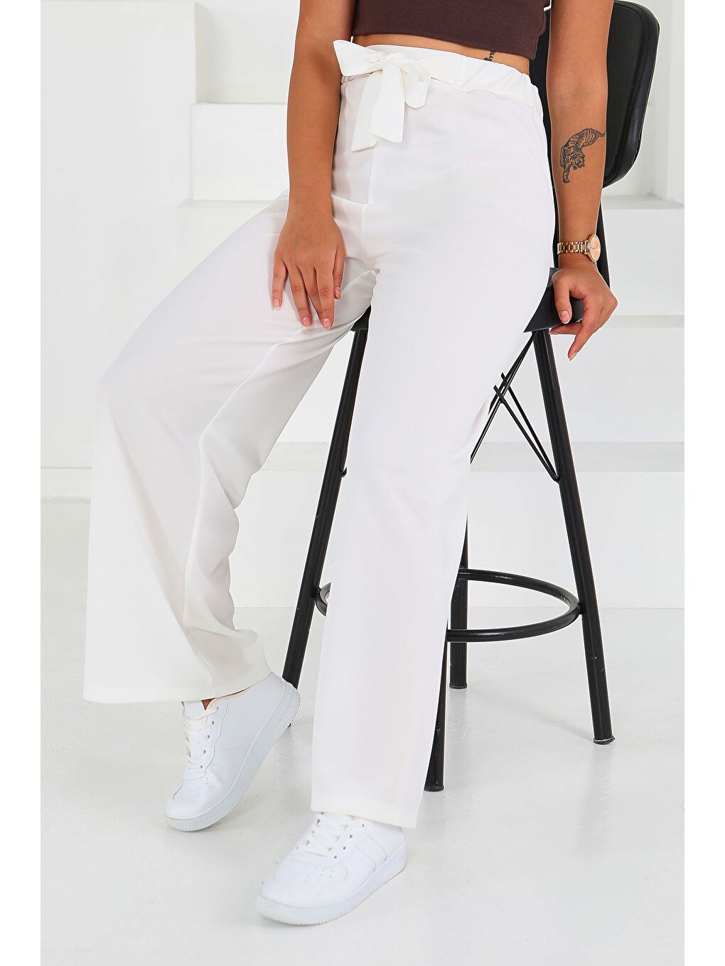 Önden Bağlamalı Pantolon Beyaz - 27553-1