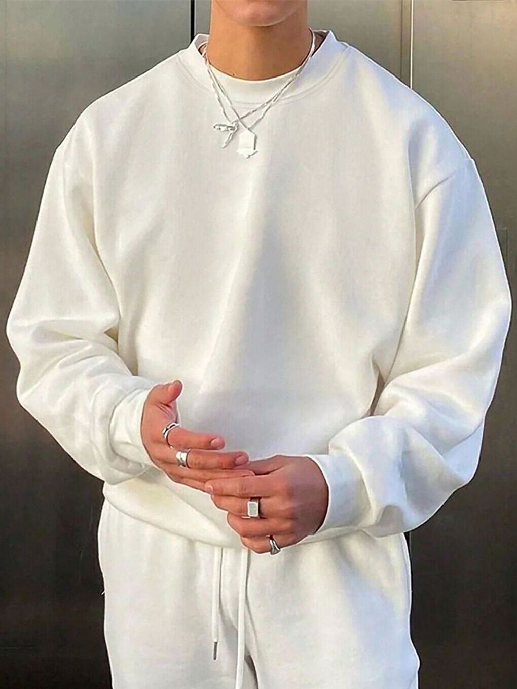 Beyaz Baskısız  Oversize Bisiklet Yaka Uzun Kollu Sweatshirt-1