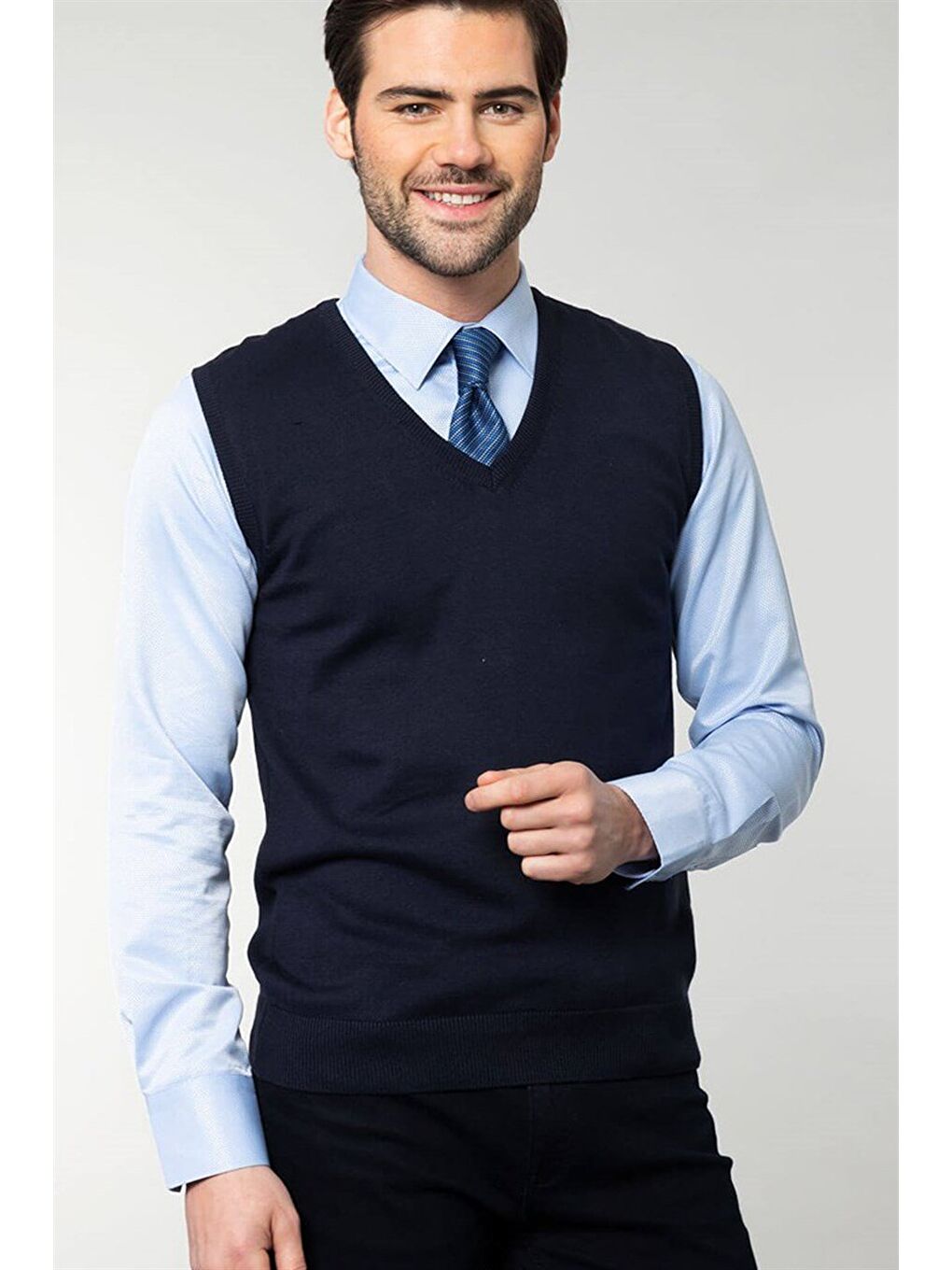 Erkek Slim Fit V Yaka Kendinden Desenli Lacivert Süveter