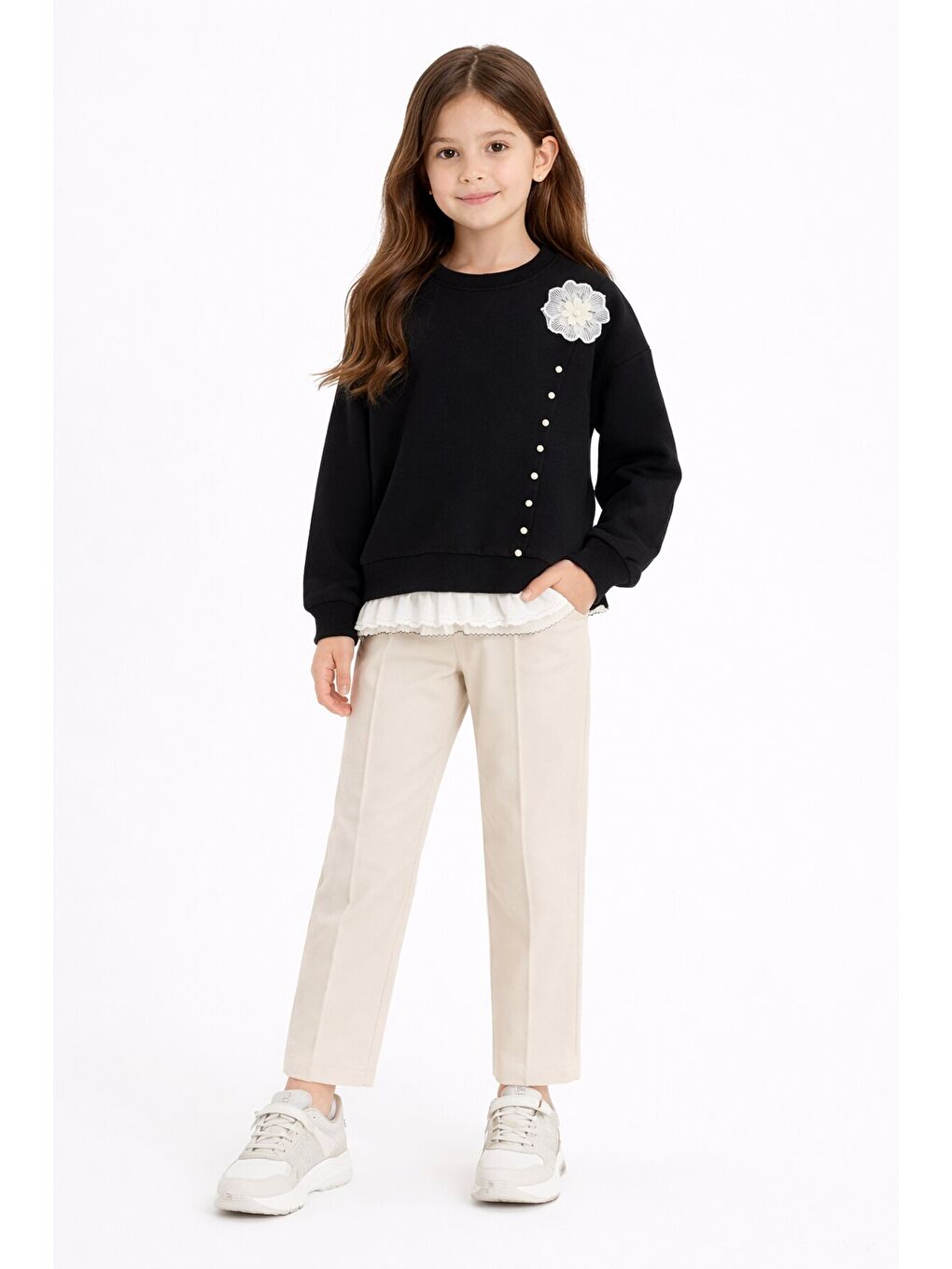 Siyah Dantel Detaylı Badili Jean Pantolonlu Kız Çocuk Alt Üst Takım 23593-2