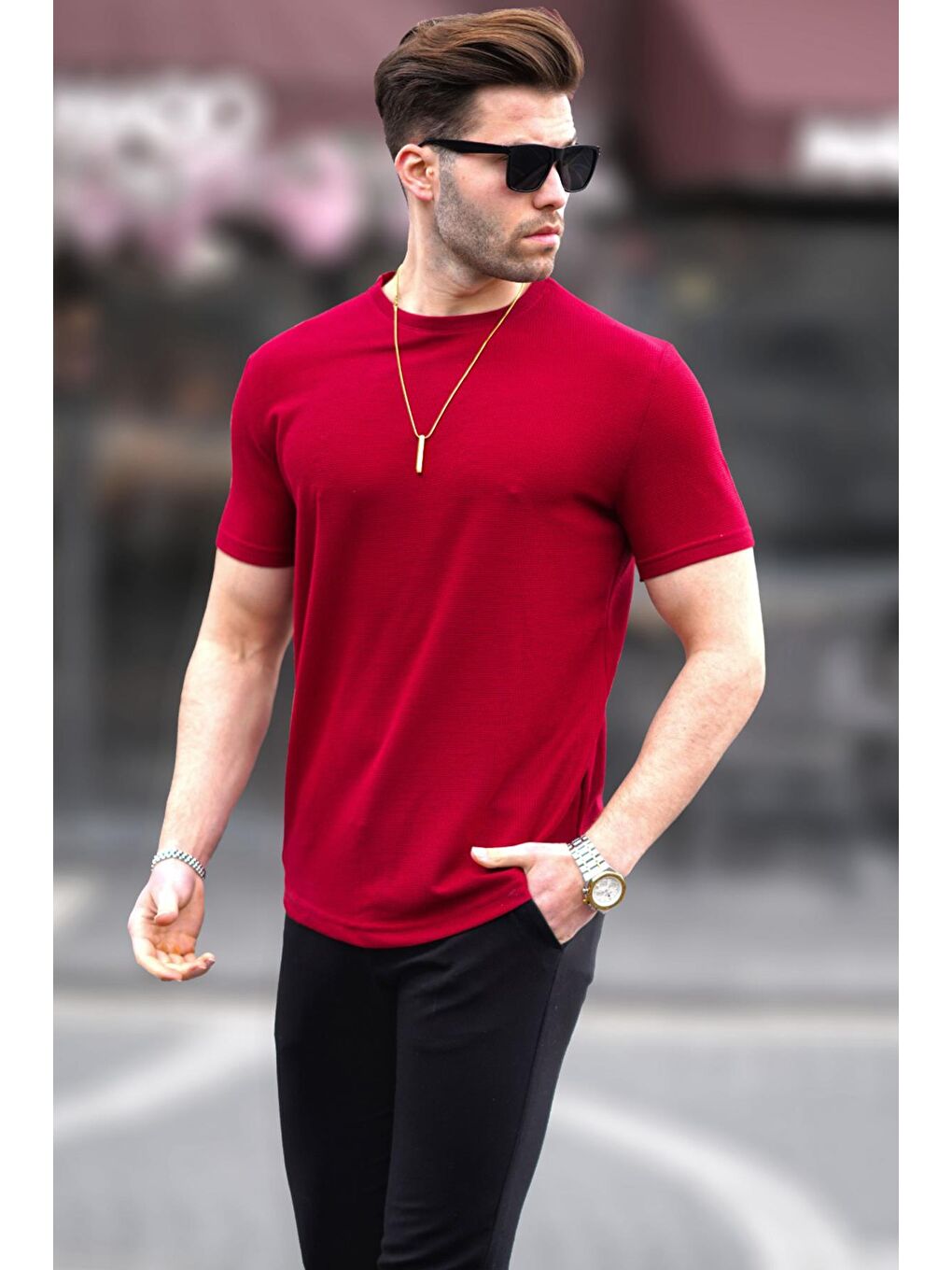 Kırmızı Waffle Kumaş Basic Tişört 5883