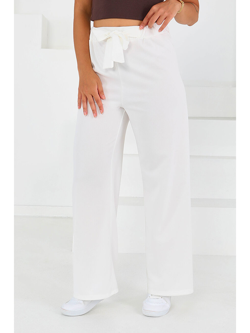 Önden Bağlamalı Pantolon Beyaz - 27553-2