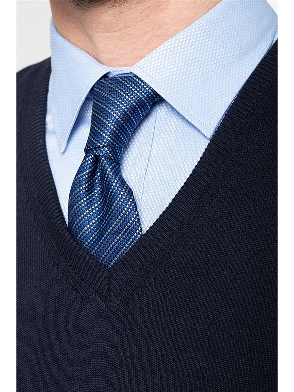 Erkek Slim Fit V Yaka Kendinden Desenli Lacivert Süveter-2