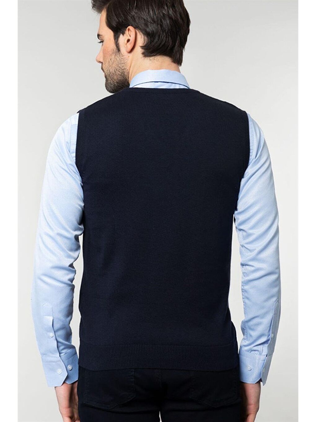Erkek Slim Fit V Yaka Kendinden Desenli Lacivert Süveter-3