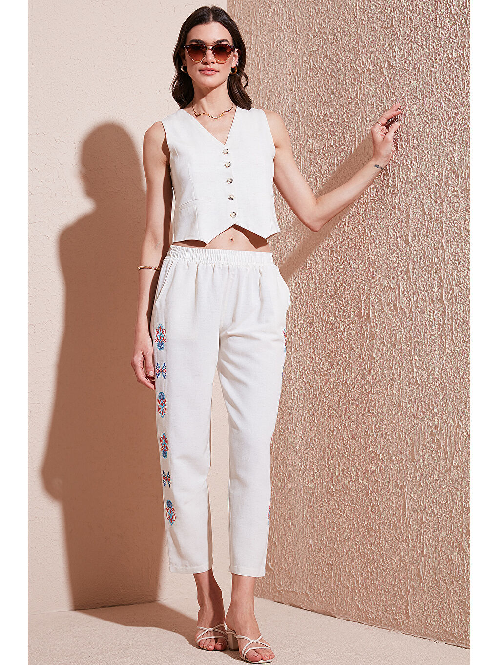 Bej Bohem İşlemeli Keten Ve Pamuk Karışımlı Şalvar Kadın Pantolon 5865050