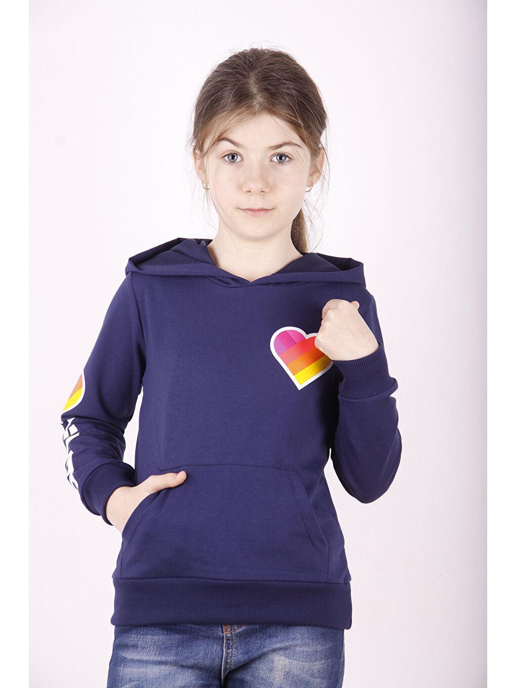 Lacivert Kız Çocuk Like Kalp Baskılı Kanguru Cepli Sweatshirt-3