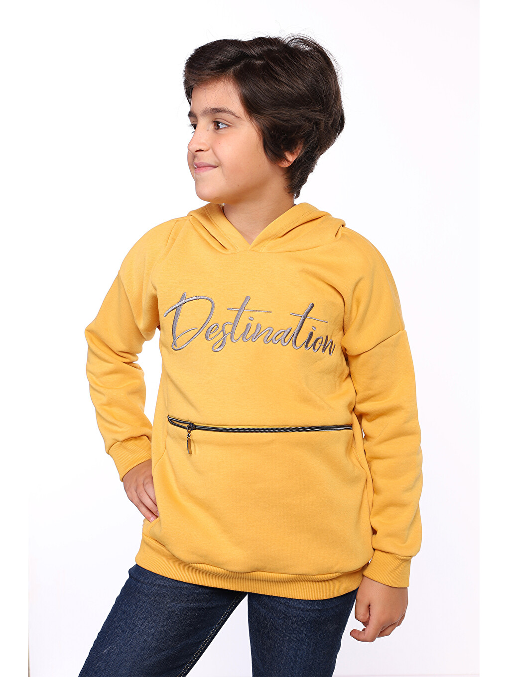 Sarı Erkek Çocuk Cebi Fermuar Kapatmalı Nakışlı Sweatshirt