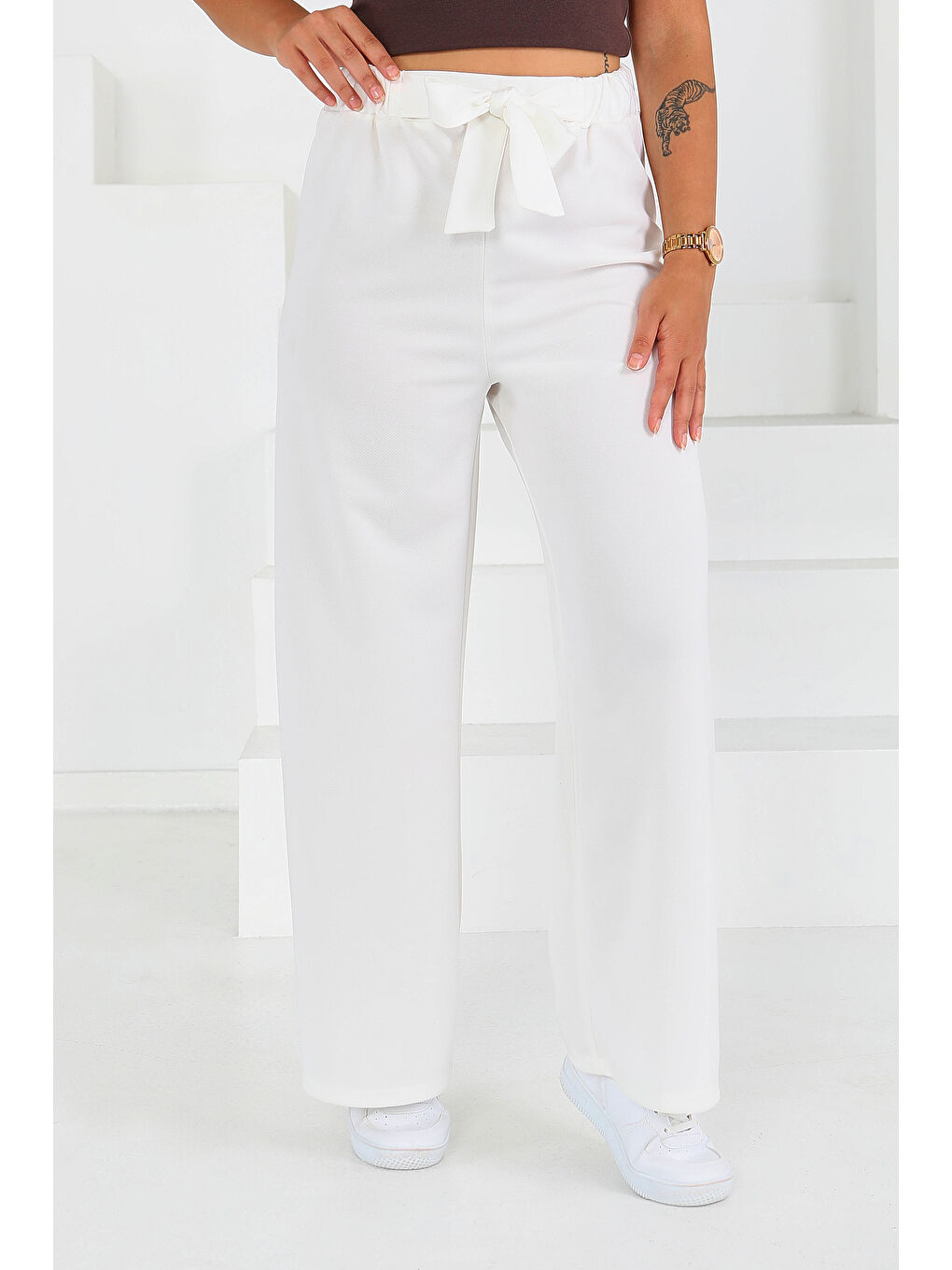 Önden Bağlamalı Pantolon Beyaz - 27553-3