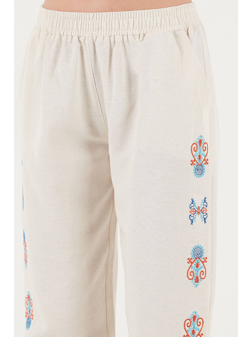 Bej Bohem İşlemeli Keten Ve Pamuk Karışımlı Şalvar Kadın Pantolon 5865050-5