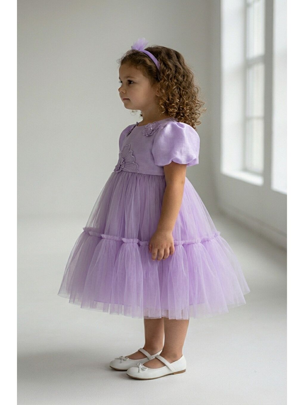 Lila Kız Çocuk Çiçek Aksesuarlı Abiye-1