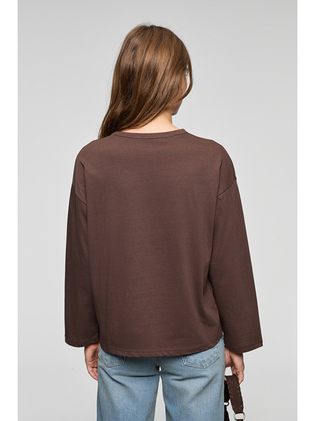 Kahverengi BASIL Kadını Oversize %100 Organik Pamuk Örme Uzun Kol KOYU KAHVERENGİ T-Shirt-5