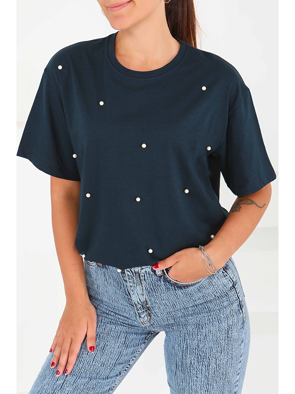 İncili Kısa Kollu T-Şhirt Lacivert - 27544