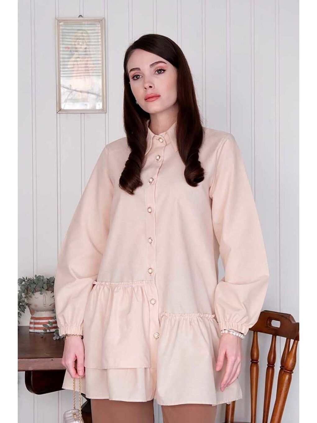 Ekru Krem Asimetrik Gömlek-2