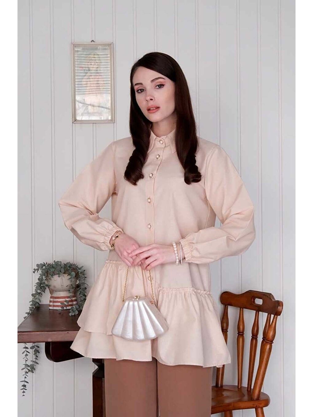 Ekru Krem Asimetrik Gömlek-3