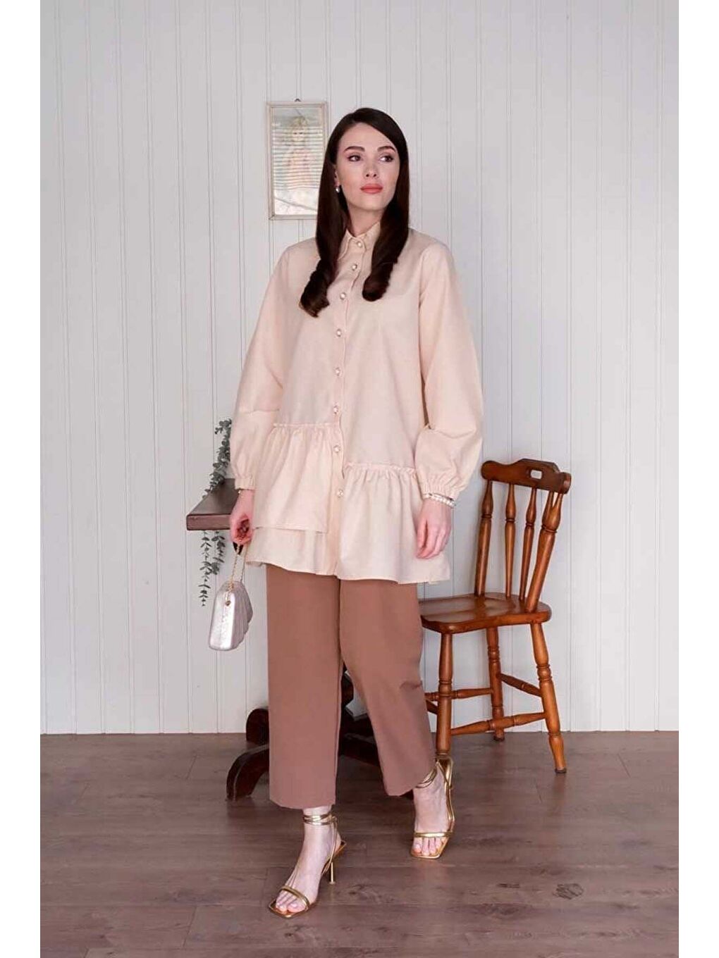 Ekru Krem Asimetrik Gömlek-5