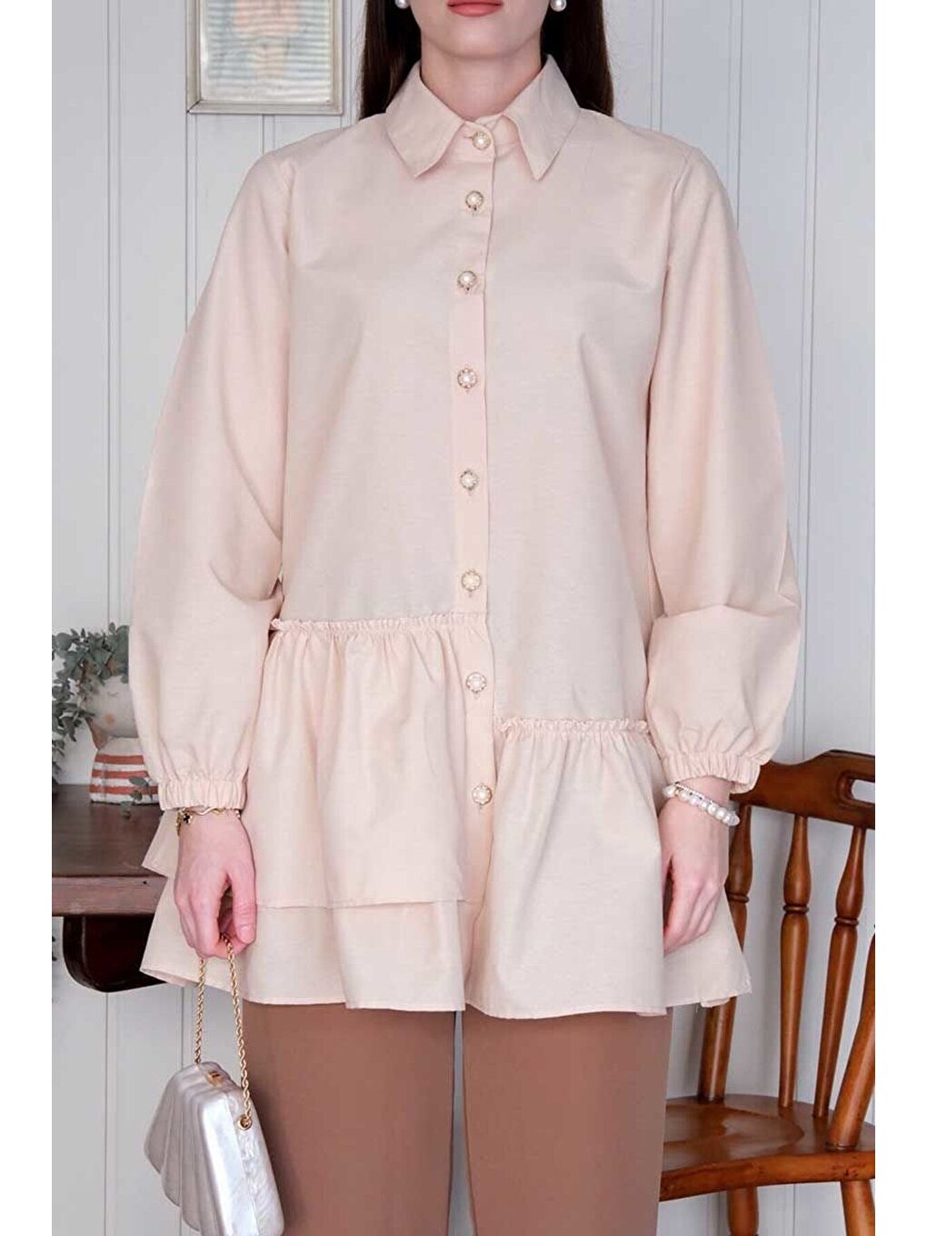 Ekru Krem Asimetrik Gömlek-6